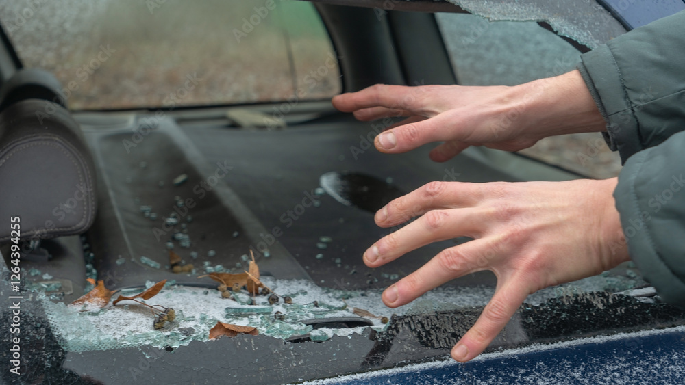 A thief's hands reach through a shattered car window on the street, capturing the moment of a theft. Broken glass reflects the urgency and danger of urban crime. A thief's hands reach through a shattered car window on the street, capturing the moment of a theft. Broken glass reflects the urgency and danger of urban crime.