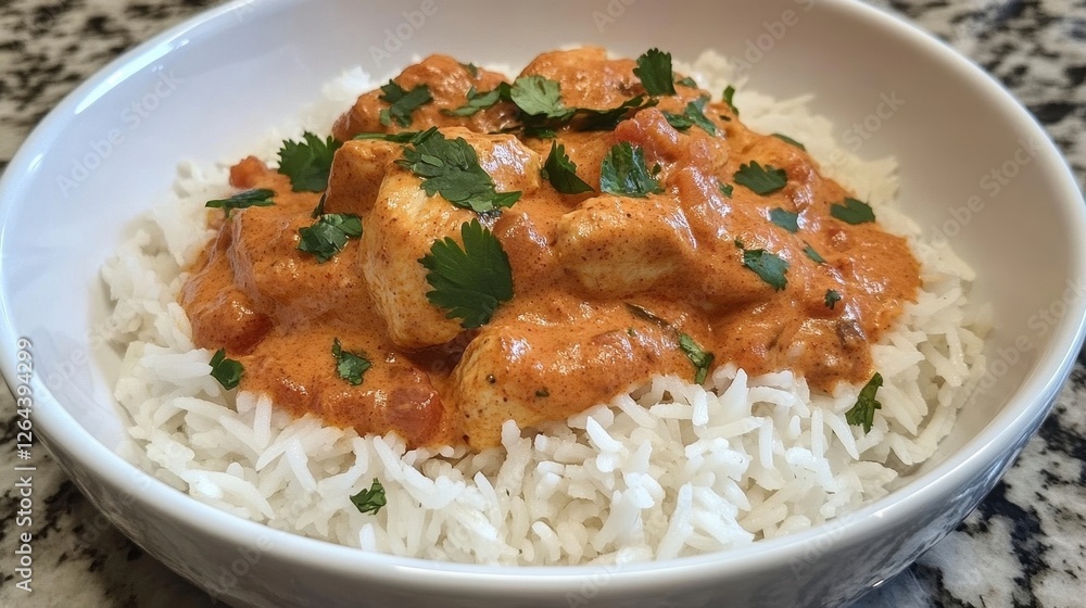Creamy Chicken Curry with Fresh Herbs on Fluffy White Rice