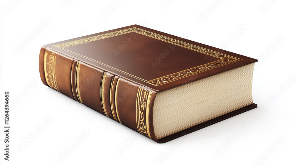 Obraz premium Book spine and cover mockup, blank volume in classic style with brown hardcover and golden decorative elements. Bestseller publication, library or store novelty isolated realistic 3d vector mock up
