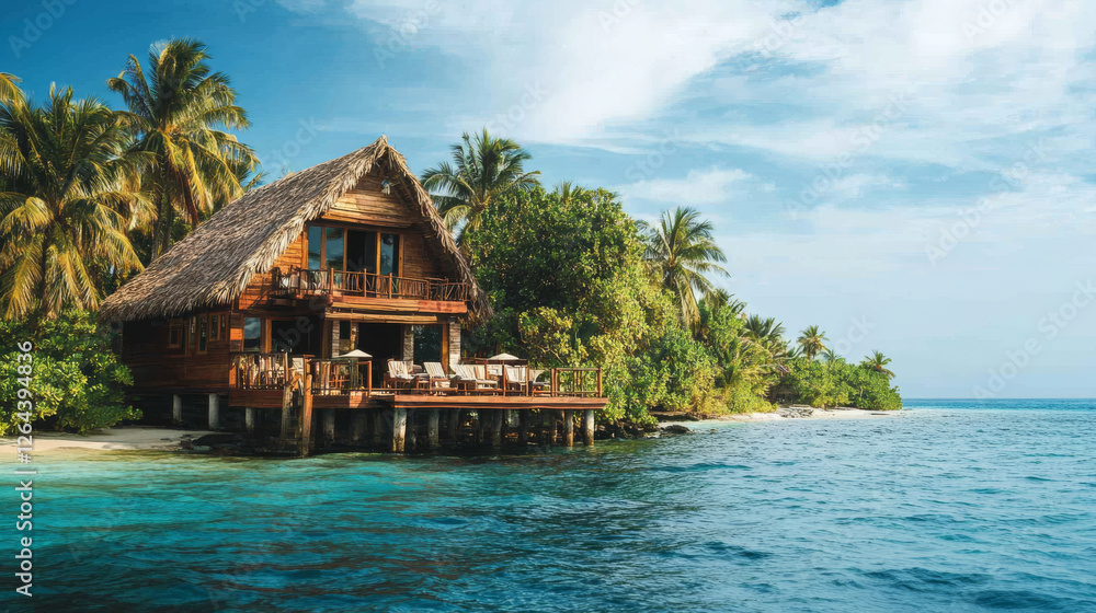 Beach hut or bungalow on tropical island resort, summer shack, wooden house on piles with terrace, palm trees and ocean landscape. Wooden private cottage with thatch roof Cartoon vector illustration Beach hut or bungalow on tropical island resort, summer shack, wooden house on piles with terrace, palm trees and ocean landscape. Wooden private cottage with thatch roof Cartoon vector illustration