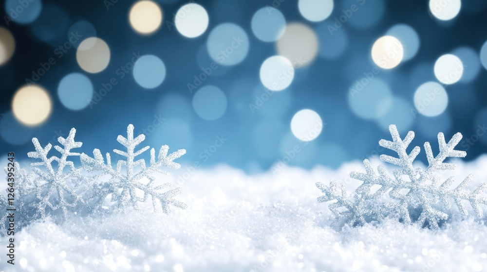 A serene winter scene featuring delicate snowflakes on a soft, shimmering layer of snow, set against a dreamy blue bokeh background, Ideal for holiday themes, winter promotions, or seasonal decor, A serene winter scene featuring delicate snowflakes on a soft, shimmering layer of snow, set against a dreamy blue bokeh background, Ideal for holiday themes, winter promotions, or seasonal decor,