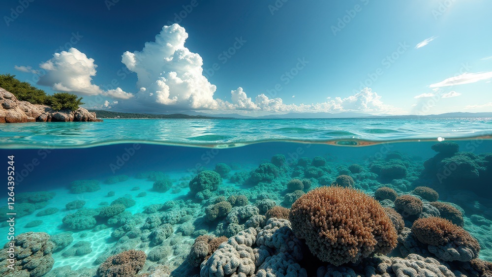 Naklejka premium Underwater coral reef canyon with clear water and diverse marine life 