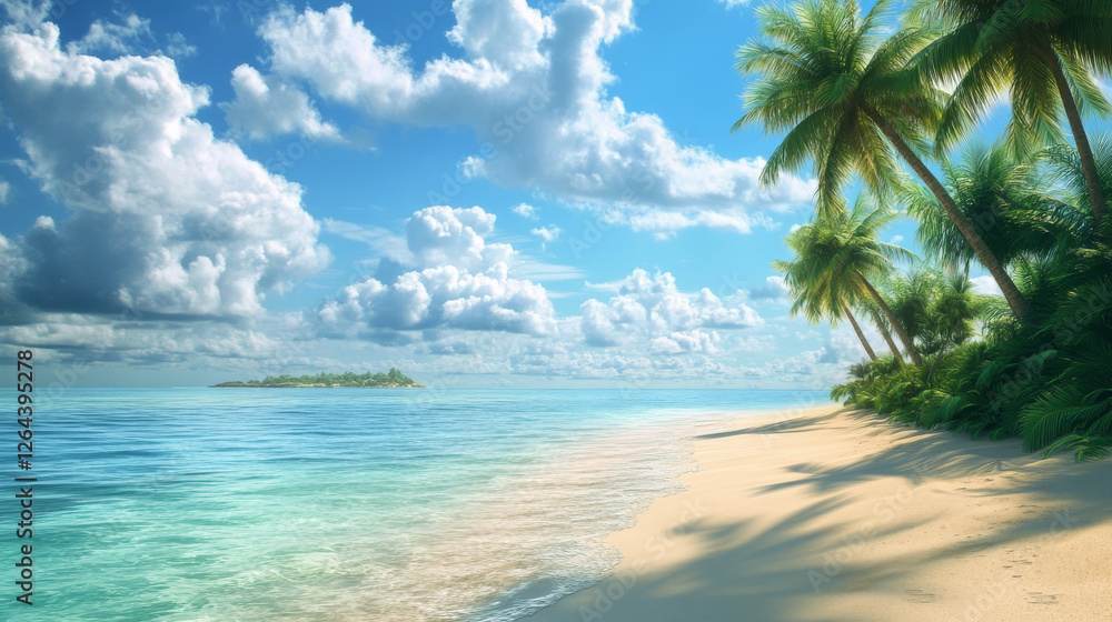 Island in ocean, uninhabited isle with beach, palm trees and rocks surrounded with sea water and cloudy sky above. Tropical landscape, empty land with sand and no people Cartoon vector illustration Island in ocean, uninhabited isle with beach, palm trees and rocks surrounded with sea water and cloudy sky above. Tropical landscape, empty land with sand and no people Cartoon vector illustration
