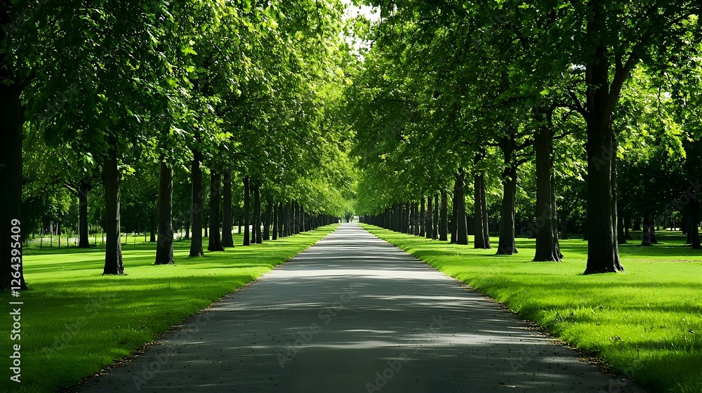 Sunlit Tree Lined Pathway in a Green Park Sunlit Tree Lined Pathway in a Green Park