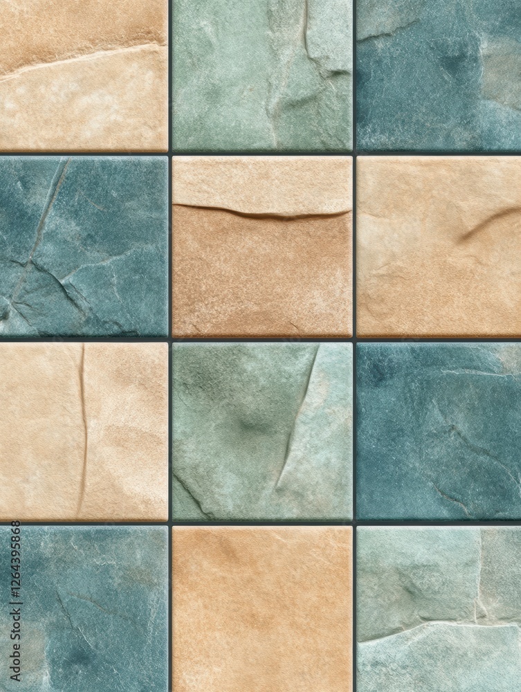Fototapeta premium Textured tiles in earthy tones arranged in a grid pattern, ideal for interior design projects, home renovation, or decorative purposes, This image can enhance layouts for flooring or wall design,