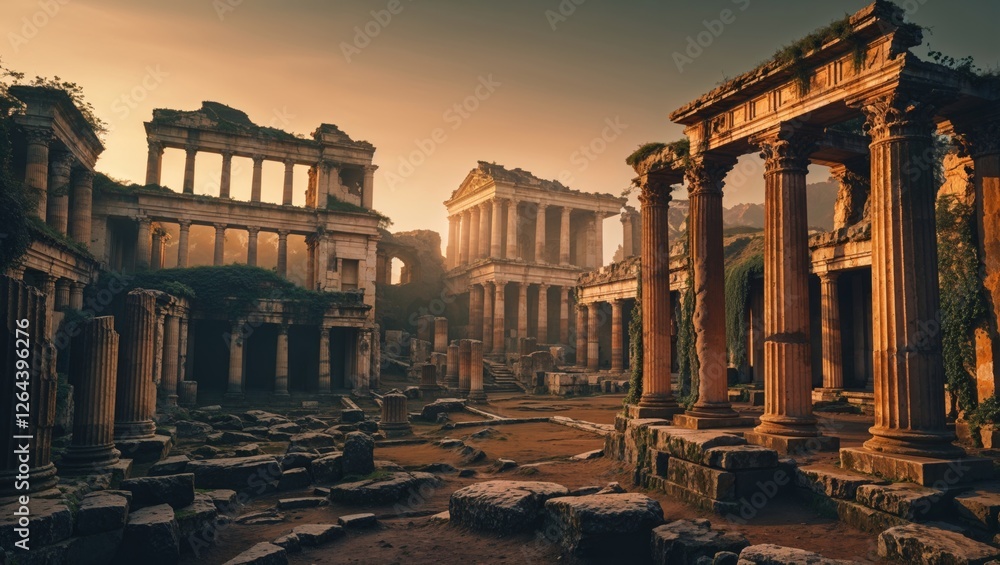 Fototapeta premium Ruins of ancient temples at sunset in a historical landscape