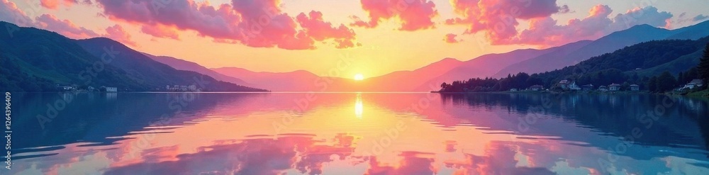 Fototapeta premium Watercolor texture overlay on a serene lake surface at sunset, peaceful, lake, watercolor
