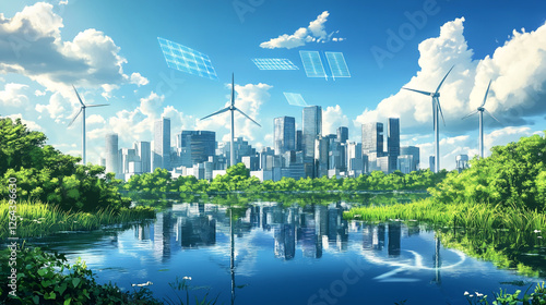 A futuristic city skyline with wind turbines and digital elements floating above, set against a background of blue sky and calm water.