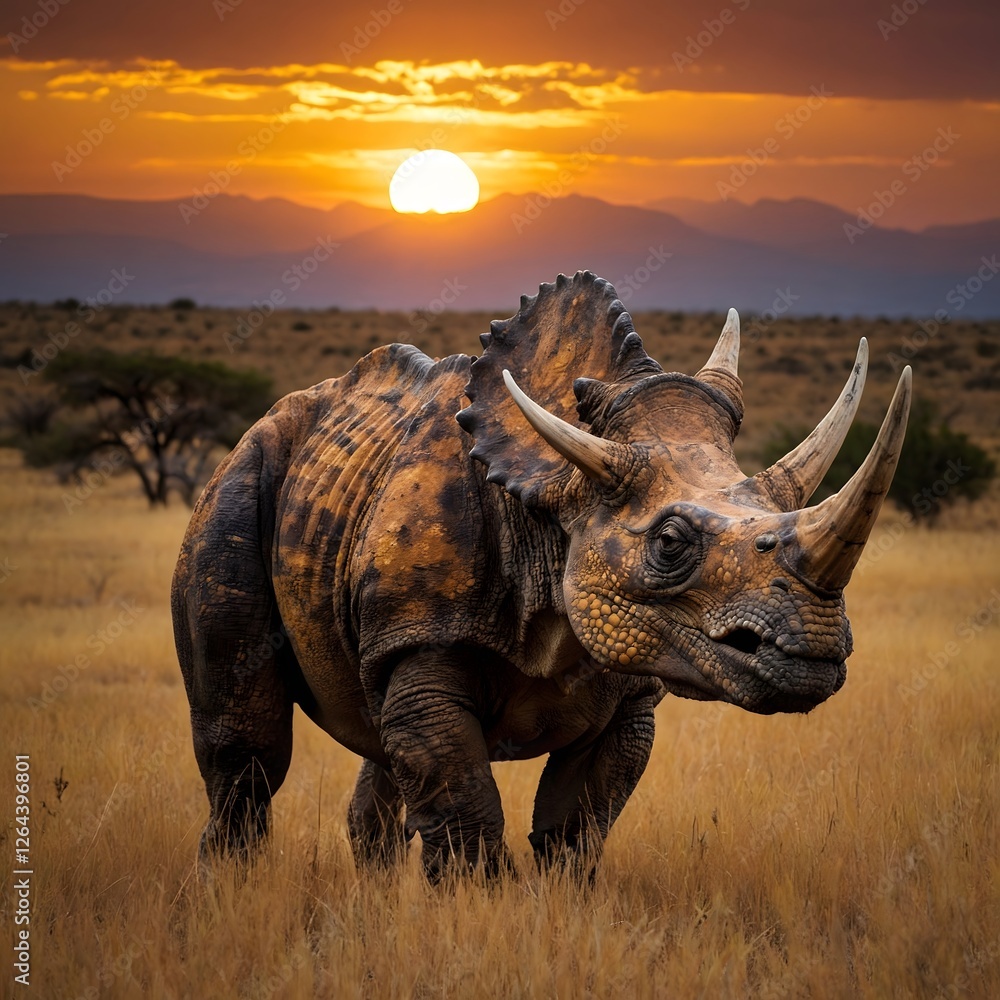 Fototapeta premium Triceratops Silhouette Against Vibrant Sunset Sky