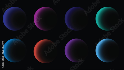 A collection of glowing gradient spheres on a black background, creating a futuristic and modern abstract aesthetic for digital designs.