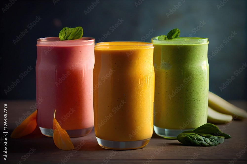 Fototapeta premium Green yellow and red smoothie garnished with fresh fruits in glasses.