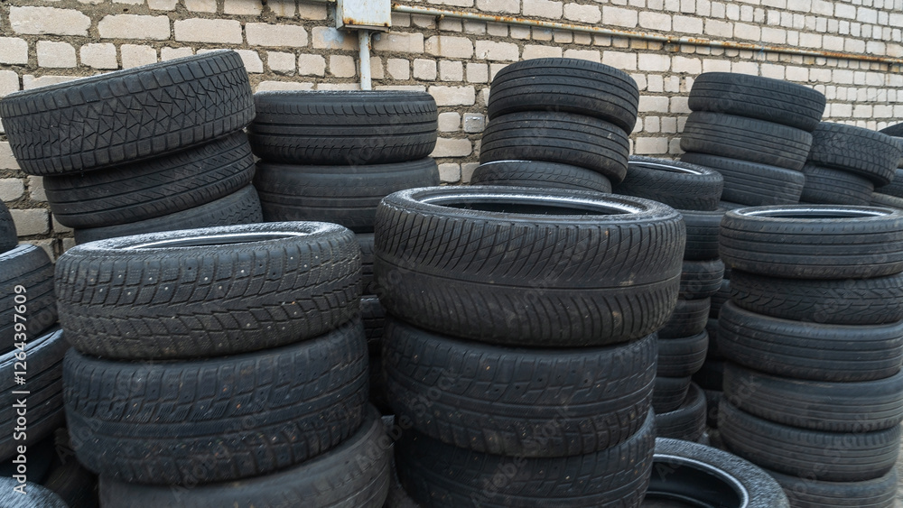 Storage of discarded old car tires outdoors, showcasing a pile of used tires ready for recycling. Highlighting environmental concerns and rubber waste management Storage of discarded old car tires outdoors, showcasing a pile of used tires ready for recycling. Highlighting environmental concerns and rubber waste management