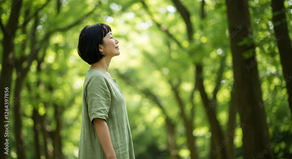 Portrait of Relaxed Woman Breathing Fresh Air in Green Forest Nature Wellness Generative AI Portrait of Relaxed Woman Breathing Fresh Air in Green Forest Nature Wellness Generative AI