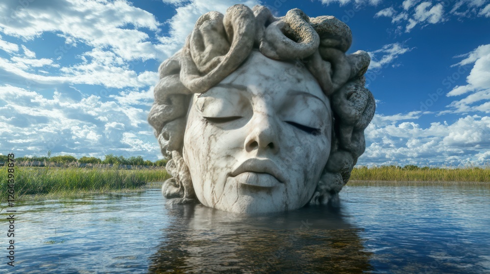 Fototapeta premium a Medusa's head made from stone in the middle of a lake with a beautiful natural landscape in the background