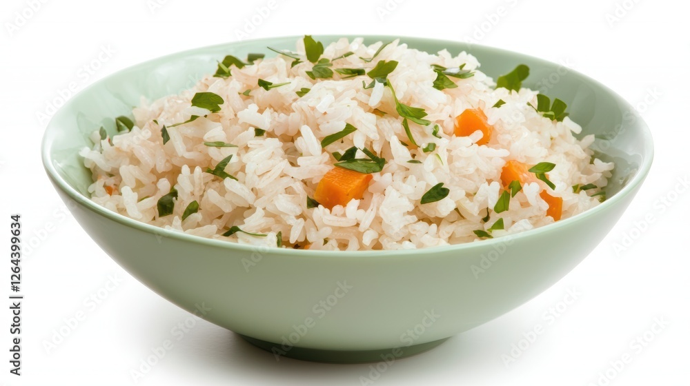 A delectable bowl of fluffy rice garnished with fresh herbs and colorful vegetables, perfect for food blogs, recipe books, or restaurant menus A delectable bowl of fluffy rice garnished with fresh herbs and colorful vegetables, perfect for food blogs, recipe books, or restaurant menus