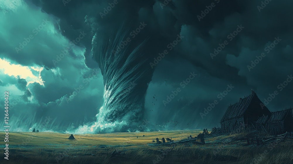 Fototapeta premium Majestic Tornado Swirling Over Rural Landscape Under Dark Clouds