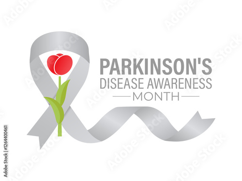 Vector graphic of Parkinson's Disease awareness month is observed every year in April. A mix of red tulips, brain illustrations. The red tulip and Realistic Ribbon. Posters, flyers, banners, cards.