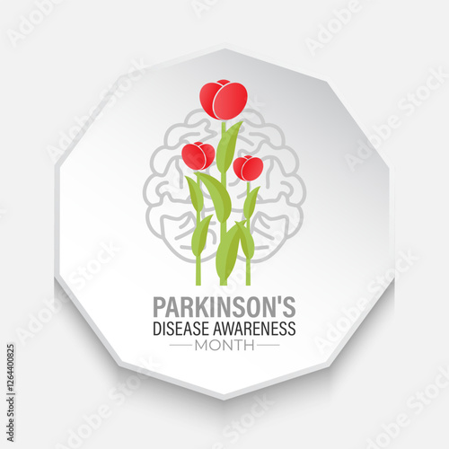 Vector graphic of Parkinson's Disease awareness month is observed every year in April. A mix of red tulips, brain illustrations. The red tulip and Realistic Ribbon. Posters, flyers, banners, cards.