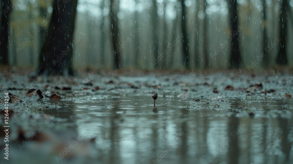 Fototapeta premium Small object in puddle during rainy forest