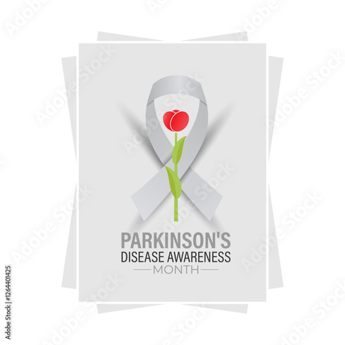 Vector graphic of Parkinson's Disease awareness month is observed every year in April. A mix of red tulips, brain illustrations. The red tulip and Realistic Ribbon. Posters, flyers, banners, cards.