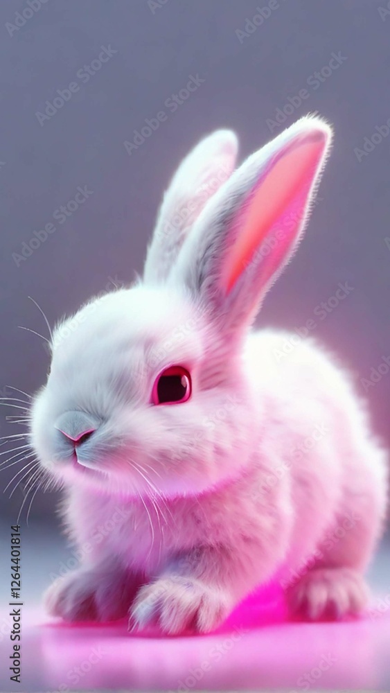 Obraz premium Adorable fluffy white rabbit with pink accents and a floral touch. Cute and playful, perfect for spring, Easter, and pet-themed projects. Trendy, modern design with vibrant colors.