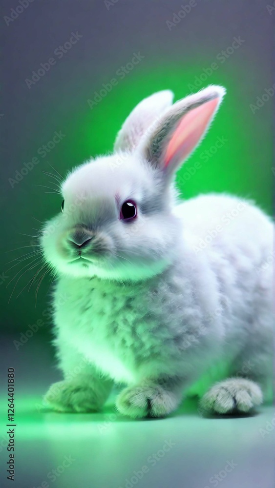 Obraz premium Adorable fluffy white rabbit with pink accents and a floral touch. Cute and playful, perfect for spring, Easter, and pet-themed projects. Trendy, modern design with vibrant colors.