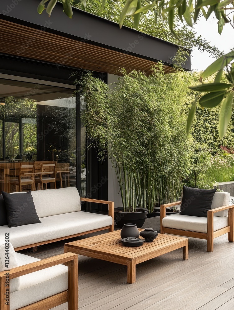 Fototapeta premium Stylish outdoor patio featuring teak furniture and lush bamboo plants