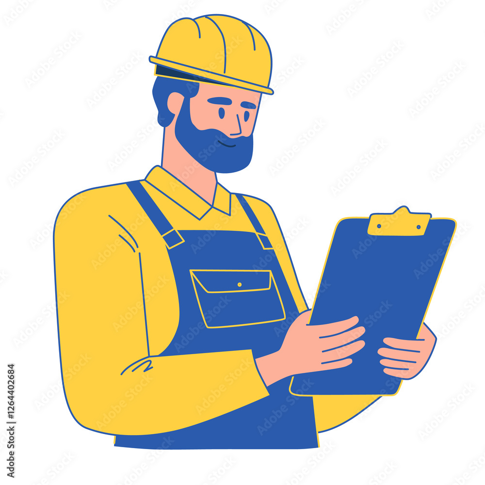 Portrait of a worker in a yellow helmet and blue overalls with a clipboard in his hands. Illustration on transparent background Portrait of a worker in a yellow helmet and blue overalls with a clipboard in his hands. Illustration on transparent background