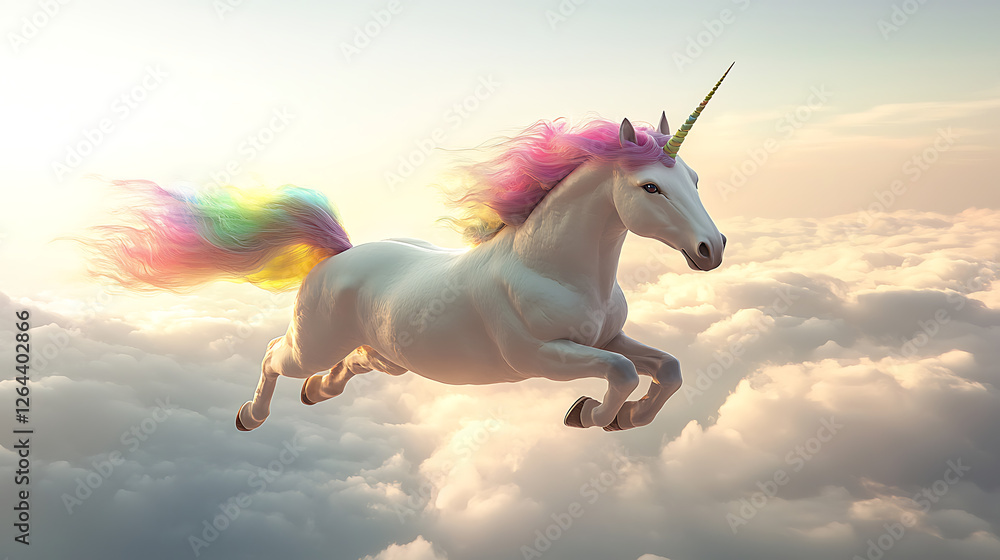 Fototapeta premium Majestic Unicorn Leaping Through Vibrant Clouds in a Dreamlike Sky at Sunset
