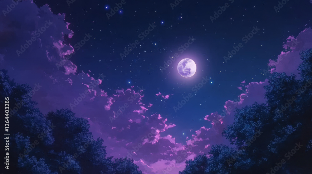 Night blue and purple gradient starry sky with full moon and fluffy clouds in anime style. Cartoon vector illustration of beautiful dark cloudscape scene under moonlight. Comic manga evening horizon. Night blue and purple gradient starry sky with full moon and fluffy clouds in anime style. Cartoon vector illustration of beautiful dark cloudscape scene under moonlight. Comic manga evening horizon.