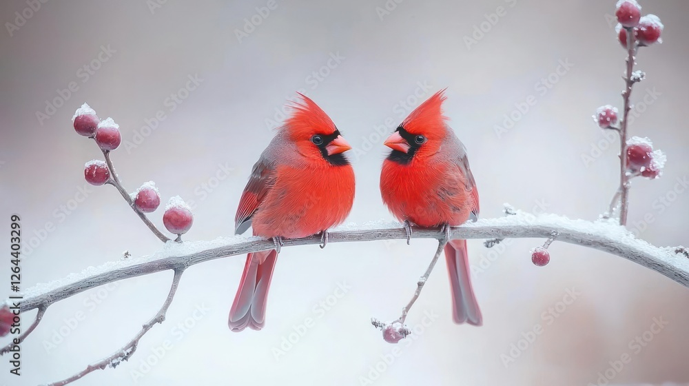Two Vivid Red Northern Cardinals Perched On Snowy Branch Two Vivid Red Northern Cardinals Perched On Snowy Branch
