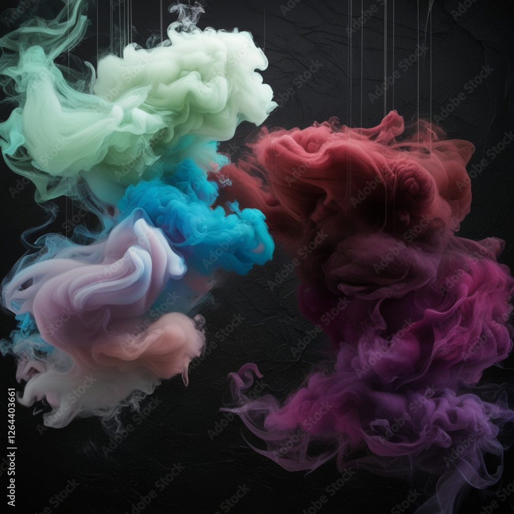 Fototapeta premium Eerie abstract backdrop featuring a swirling cloud of green and blue smoke on a dark isolated black background, evoking a sense of mystery and horror. 
