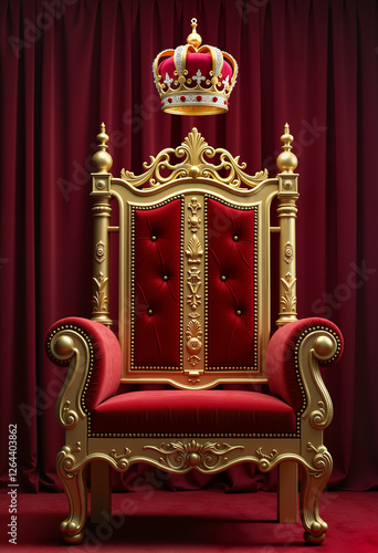 *Golden crown floating above royal throne with red velvet photo