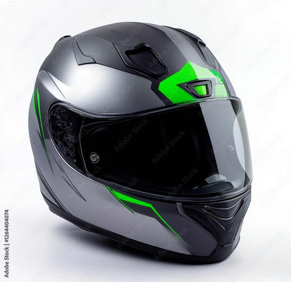 Sleek grey and green motorcycle helmet with visor. Sleek grey and green motorcycle helmet with visor.