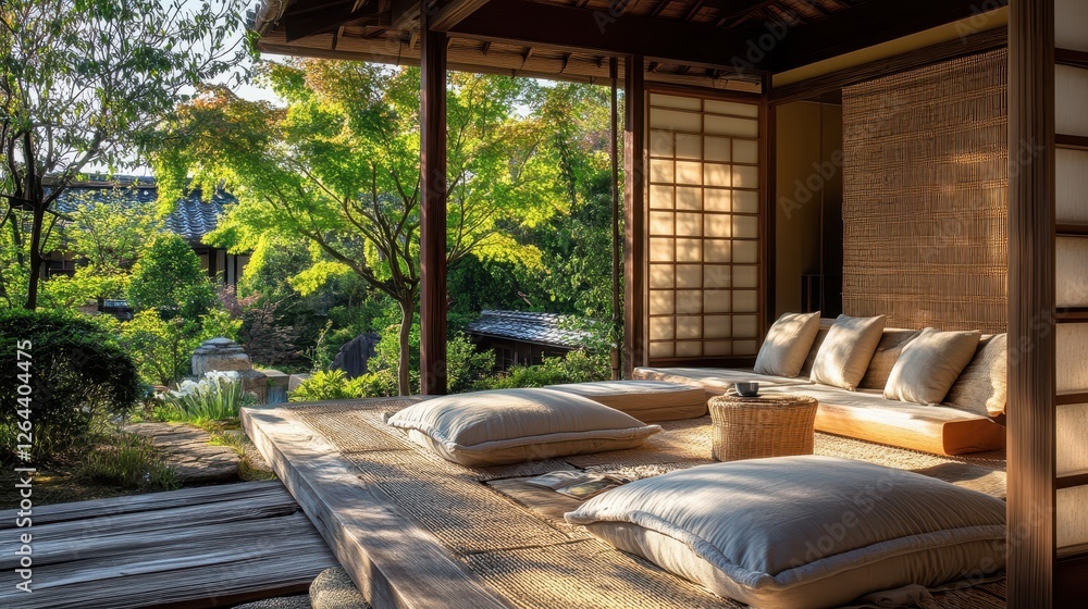 Serene japanese room opens to lush green garden view Serene japanese room opens to lush green garden view