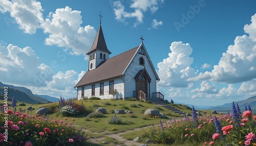Picturesque White Church on a Hilltop Amidst Vibrant Wildflowers and Rolling Mountains Under a Blue Sky