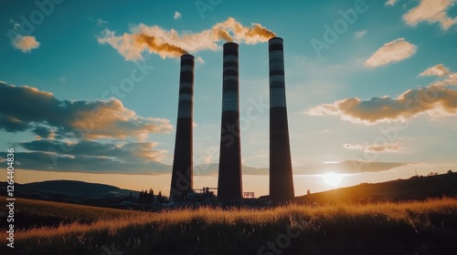 Tall industrial smokestacks releasing smoke at sunset against a clear sky and grassy landscape photo