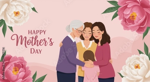This illustration celebrates Mother's Day, featuring three generations of women grandmother, a mother, and a child embracing each other warmly.