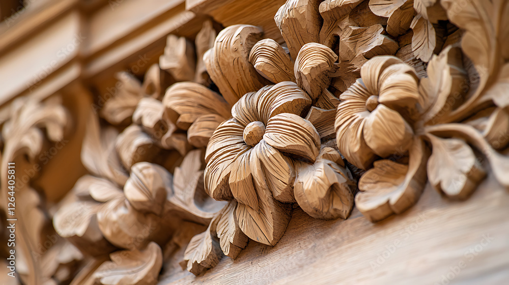 Intricate Close-Up of Artisan Wood Carving Featuring Floral Designs and Leaf Patterns Intricate Close-Up of Artisan Wood Carving Featuring Floral Designs and Leaf Patterns