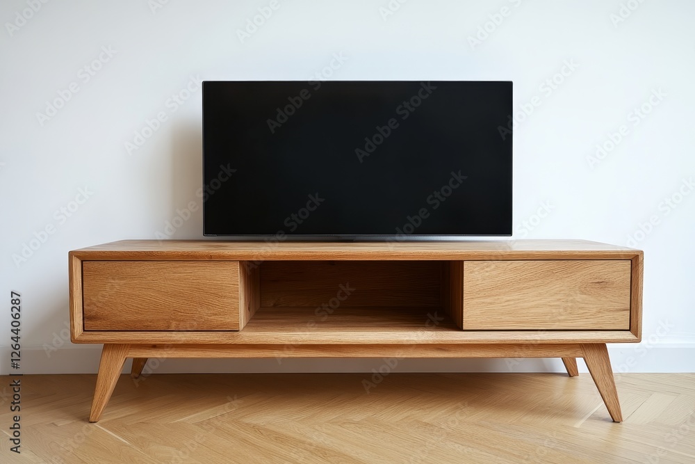 Modern flat-screen TV on wooden media console. Modern flat-screen TV on wooden media console.