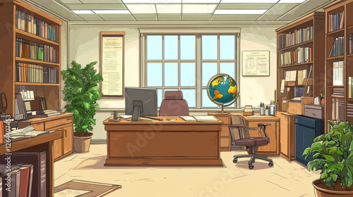 Principal school office interior, empty room with director table, computer, books and globe on desk, chairs for visitors and bookcases with files folders, potted plants. Cartoon vector illustration