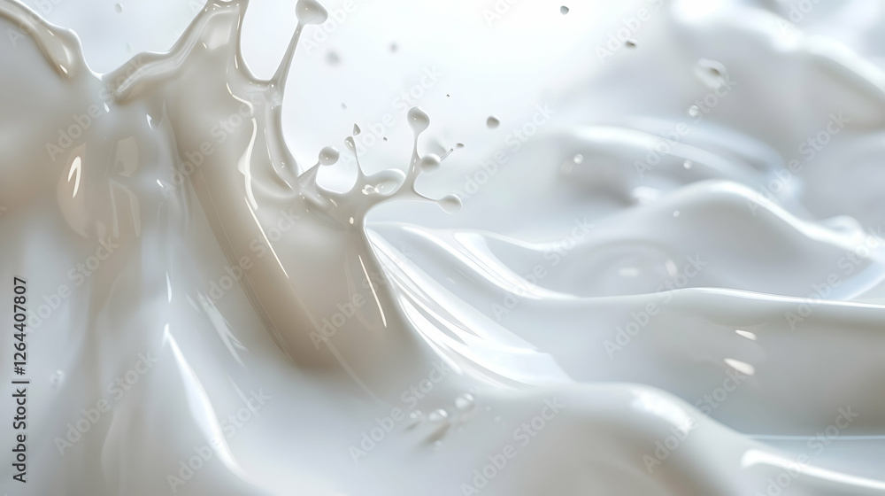 A close-up of splashing milk creating dynamic waves and droplets in a bright, soft environment A close-up of splashing milk creating dynamic waves and droplets in a bright, soft environment