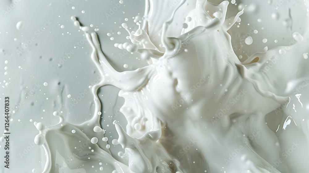 Dynamic splash of white liquid against a neutral background, showcasing motion and fluidity Dynamic splash of white liquid against a neutral background, showcasing motion and fluidity