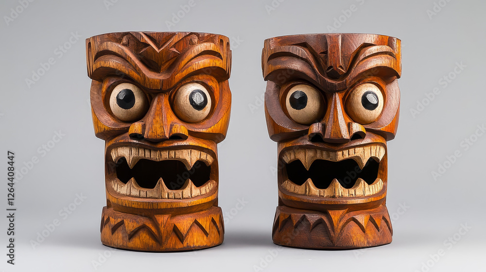 Cartoon set of tiki masks isolated on white background. Vector illustration of tribal wooden totems, hawaiian style attribute, scary faces with toothy mouth and big eyes. Ancient african culture items Cartoon set of tiki masks isolated on white background. Vector illustration of tribal wooden totems, hawaiian style attribute, scary faces with toothy mouth and big eyes. Ancient african culture items
