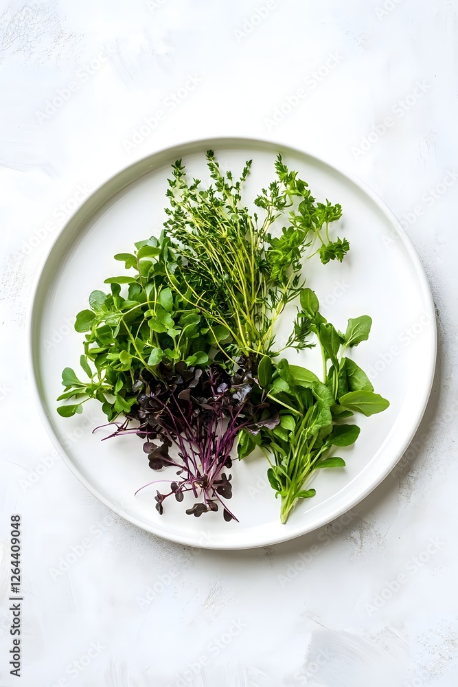 Assorted Microgreens and Herbs on White Ceramic Plate with Clean, Modern Composition Assorted Microgreens and Herbs on White Ceramic Plate with Clean, Modern Composition