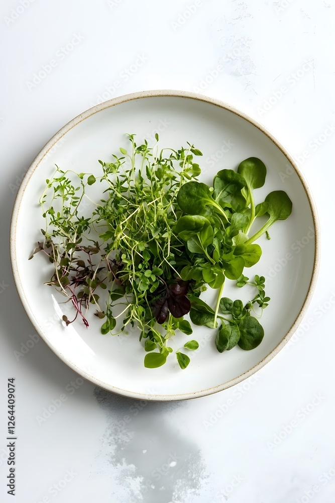 Assortment of Fresh Microgreens and Herbs on a Ceramic Plate against a Spacious White Background Assortment of Fresh Microgreens and Herbs on a Ceramic Plate against a Spacious White Background