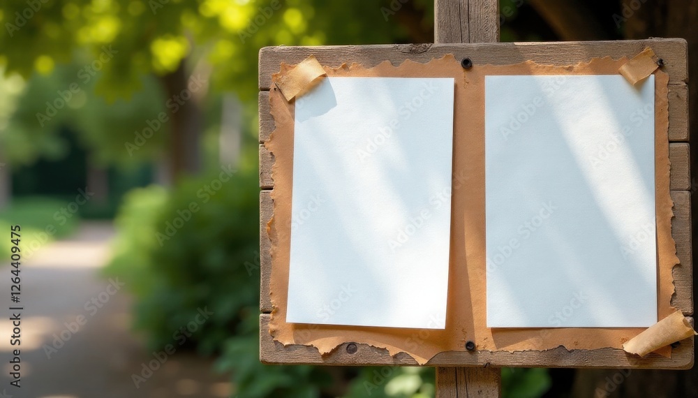 Fototapeta premium Weathered wooden board with glued paper posters in outdoor setting, earthy, outdoor, paper posters