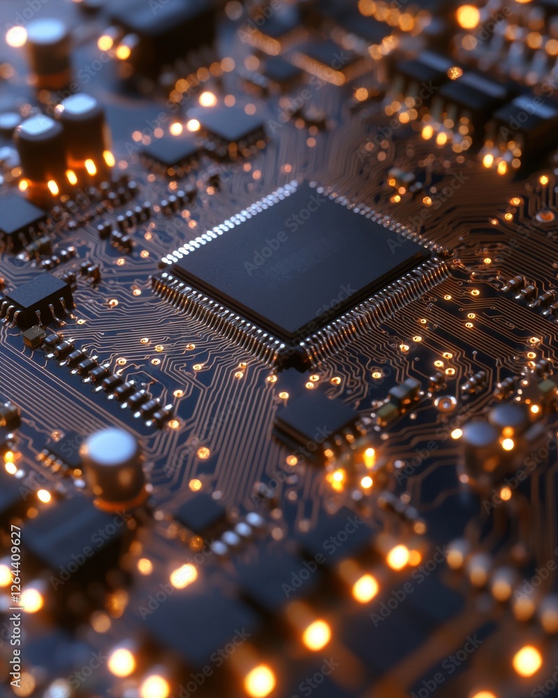 A close-up view of a circuit board showcasing intricate patterns, microchips, and glowing lights, emphasizing technology and electronics. A close-up view of a circuit board showcasing intricate patterns, microchips, and glowing lights, emphasizing technology and electronics.