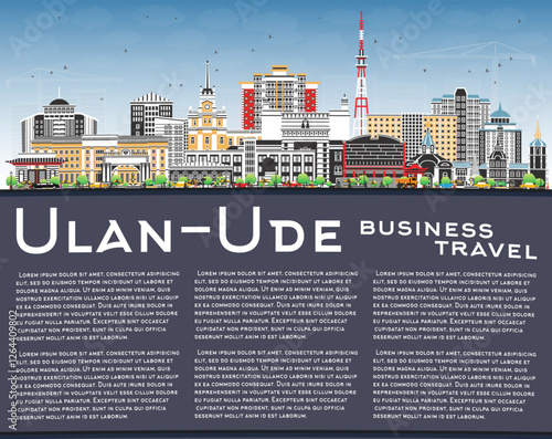 Ulan-Ude Russia city skyline with color buildings, blue sky and copy space. Ulan-Ude cityscape with landmarks. Business travel and tourism concept with modern and historic architecture.