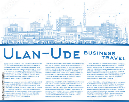 Outline Ulan-Ude Russia city skyline with blue buildings and copy space. Ulan-Ude cityscape with landmarks. Business travel and tourism concept with modern and historic architecture.